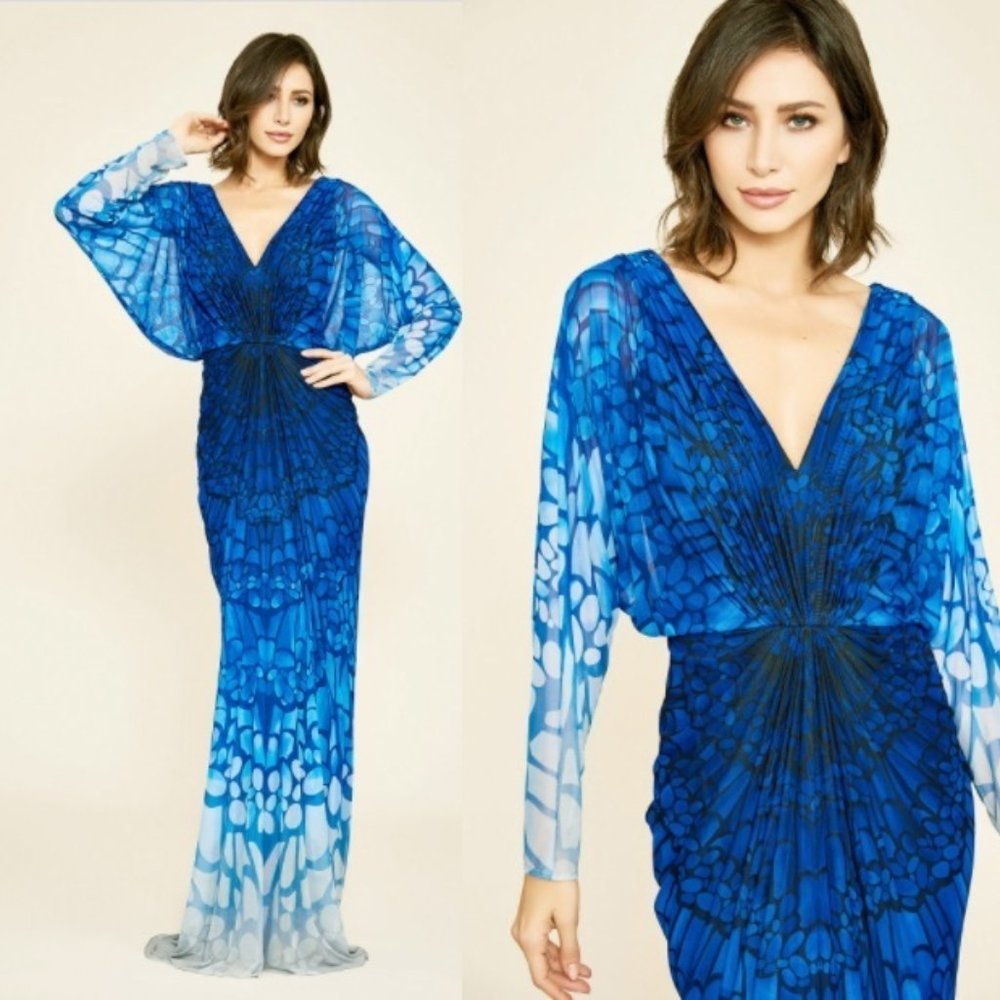 NWT Tadashi Shoji VINCA PRINTED MESH GOWN